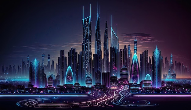 Neon mega city capital towers with futuristic technology background future modern Generative Ai