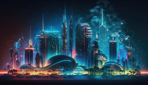 Neon mega city capital towers with futuristic technology background modern building generative ai