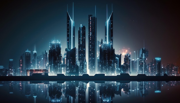 Neon megastad hoofdtorens met futuristische technologie achtergrond toekomstige generatieve Ai