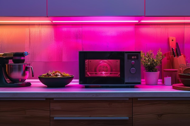 Neon microwave oven in a kitchen