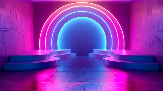 Photo neon minimalism 3d rendering and geometric shapes in light purple and white stage design