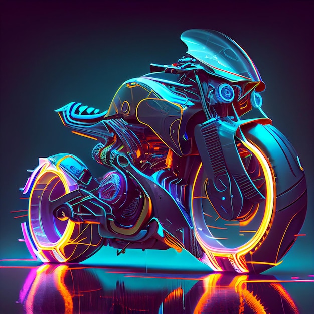 A neon motorcycle is in front of a neon sign.