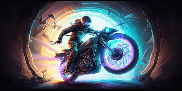 Photo a neon motorcycle rider with a helmet and goggles on.