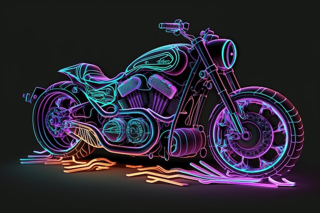 neon motorfiets met een gloeiende band en een band loopvlak generatieve ai