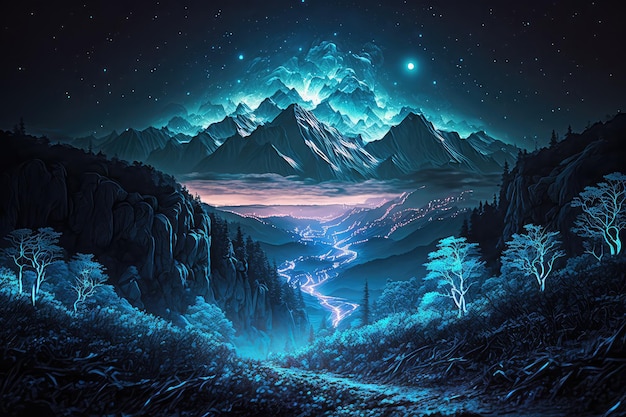 Неоновые горы фантастическое освещение Генеративный ИИ