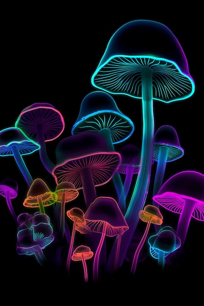 Photo neon mushrooms on a black background