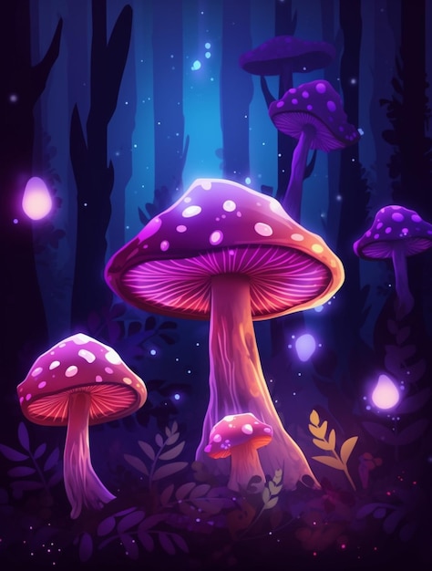 Neon mushrooms cartoon illustration high quality llustration AI generated