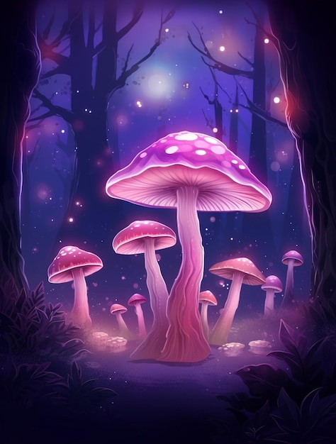 Neon mushrooms cartoon illustration high quality llustration AI generated