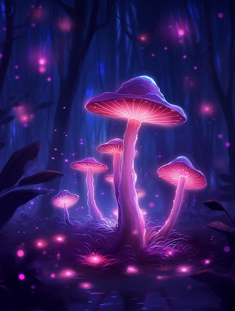 Neon mushrooms cartoon illustration high quality llustration AI generated