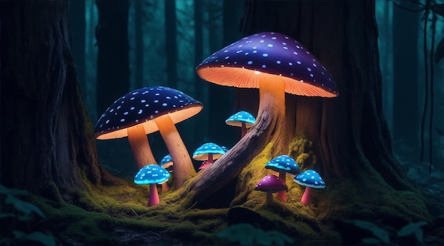 Neon mushrooms growing on a tree trunk with the dark forest background by Generative AI