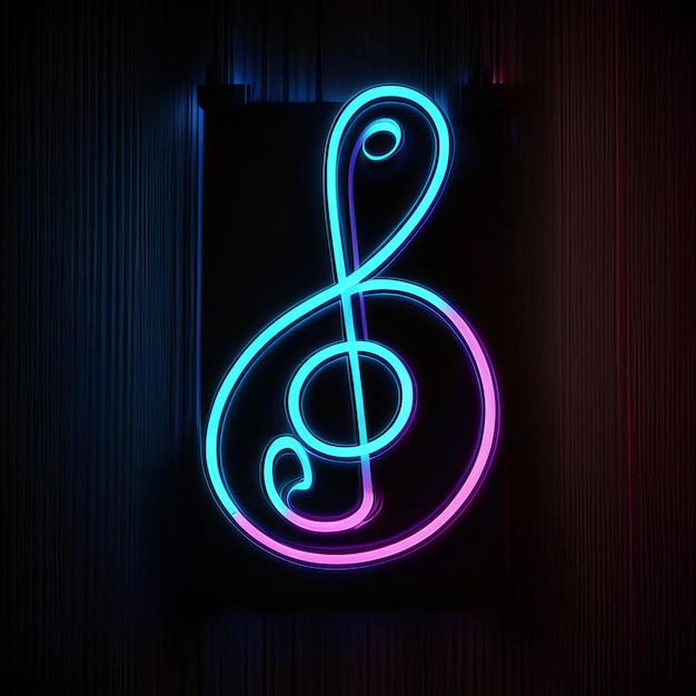 Neon music clef on a dark background Symbol of nightclub music AI generated