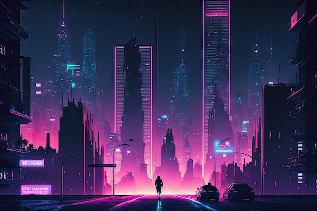 Neon nacht stad oversteken met uitzicht op torenhoge wolkenkrabbers