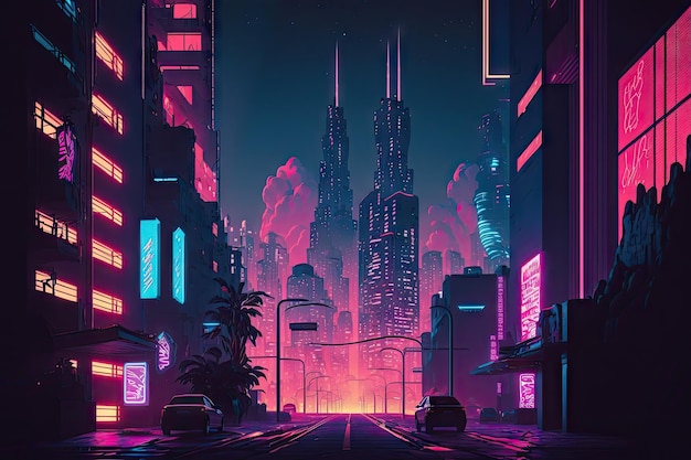 Neon nacht stadskruising met uitzicht op torenhoge wolkenkrabbers en verlichte straten