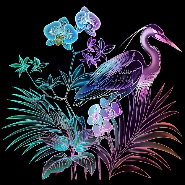 Photo neon nature a luminous heron amidst blooming flowers