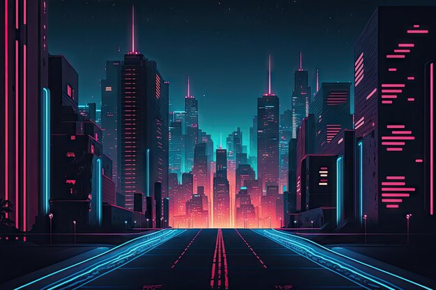 Neon night city crossing with view of glittering skyline including the iconic towers