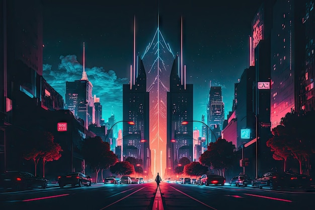 Neon night city crossing with view of towering skyscrapers created with generative ai