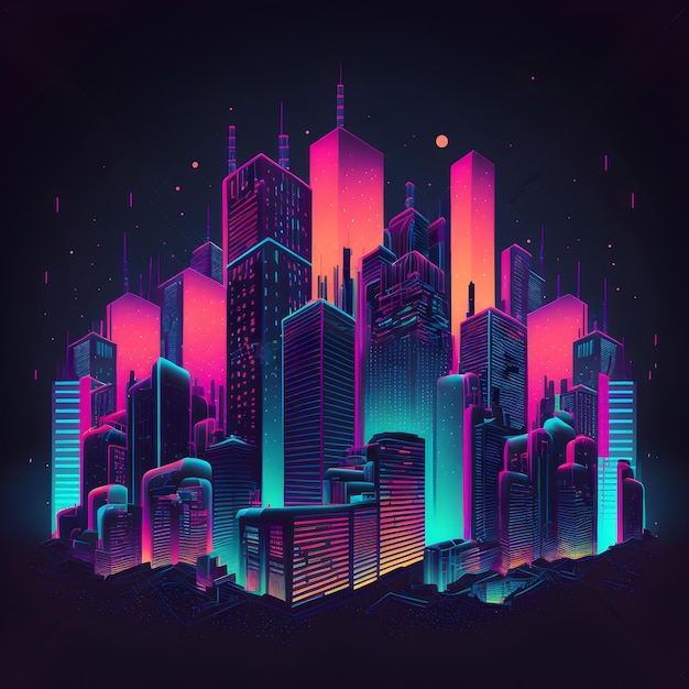 Неоновый ночной город Иллюстрация Светящиеся линии горизонта 80-х Киберфутуристический дизайн Генеративный ИИ