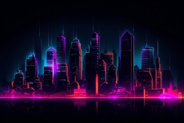 Neon night city skyscrapers