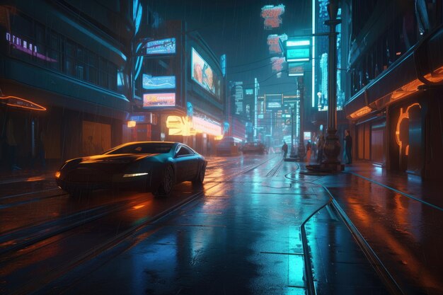 Neon night in a futuristic city Empty street with neon lights reflecting in a water Generative AI