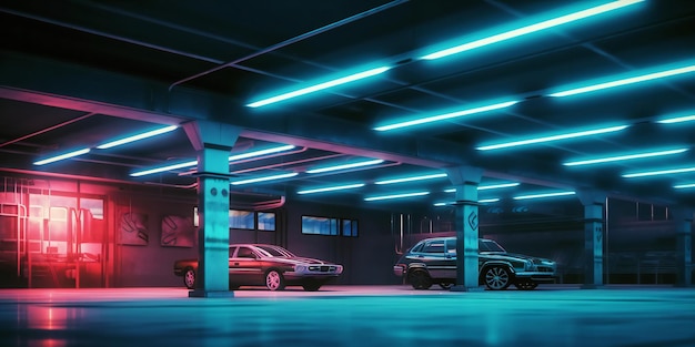 Neon Night Lights In City Garage parking