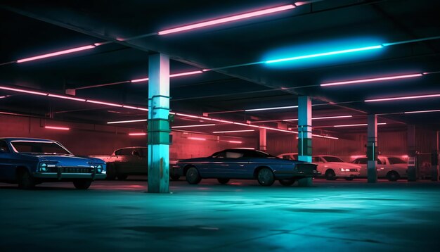 Neon Night Lights In City Garage