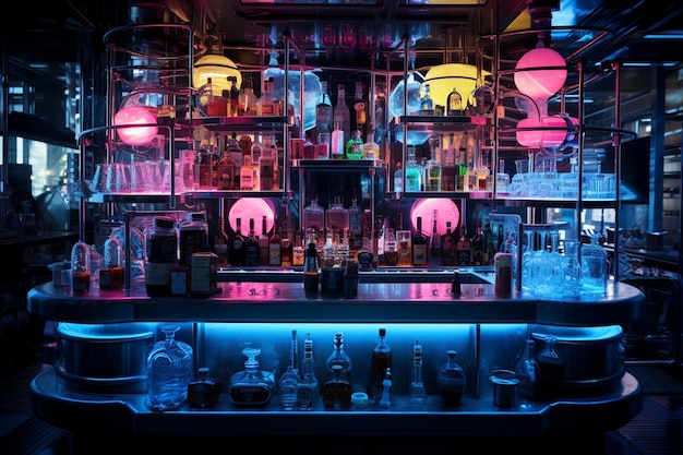 Photo neon nights cyberpunkthemed cocktail bar illuminated with cuttingedge mixology