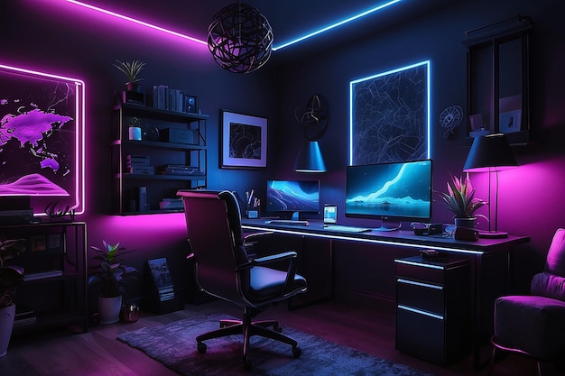 Neon noir ambiance mysterious home office vector