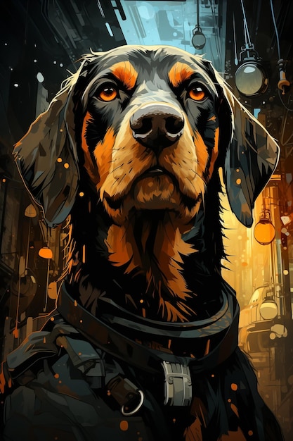 Neon Noir Black and Tan Coonhound Contemplation