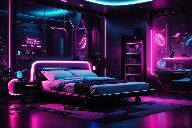 Neon noir dreamscape a futuristic bedroom with a cyberpunk noir aesthetic