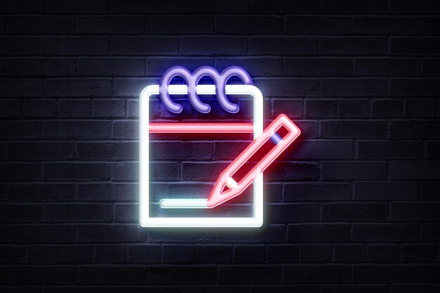 Neon Notebook and writing pencil neon sign glowing logo glow