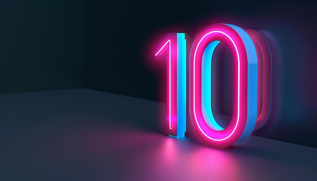 Foto neon numero 10 illuminato in rosa e blu arte digitale 3d con illuminazione al neon stile decorativo moderno