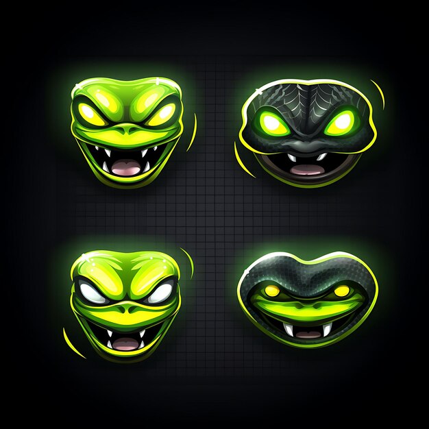Neon ontwerp van Snake Face Icon Emoji met Sneaky Surprised Sleepy en Hungr Clipart Sticker Set