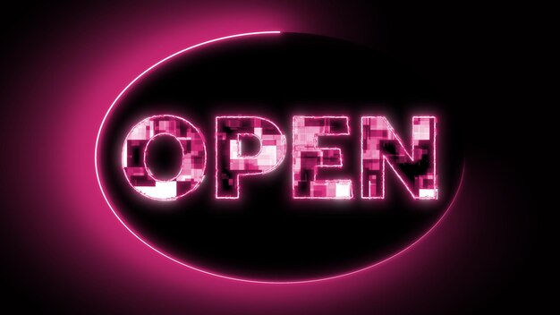 Photo neon open sign with glowing pink and purple lights on a dark background