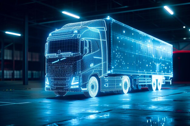 Photo neon outline truck illustration with holographic cargo truck vehicle