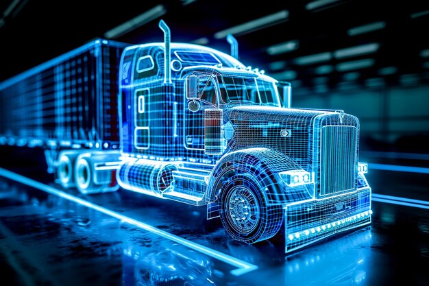 Photo neon outline truck illustration with holographic cargo truck vehicle