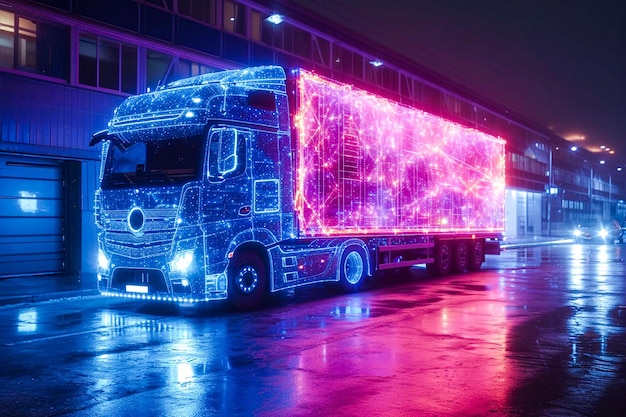 Neon outline truck Illustration with holographic cargo truck vehicle