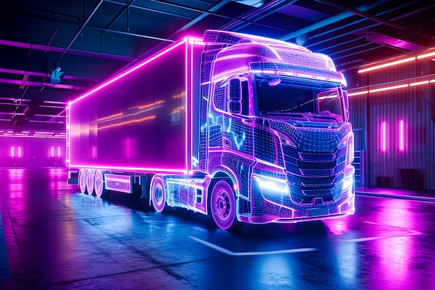 Neon outline truck Illustration with holographic cargo truck vehicle