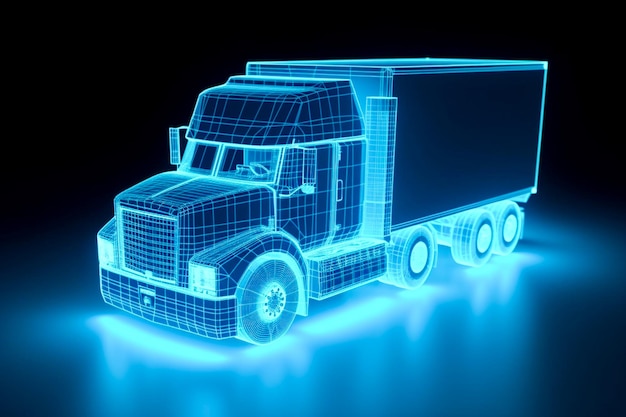 Neon outlined truck Lorry blueprint in 3d perspective