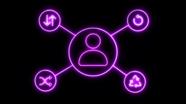 Neon paars sociaal media netwerk icoon op een zwarte achtergrond