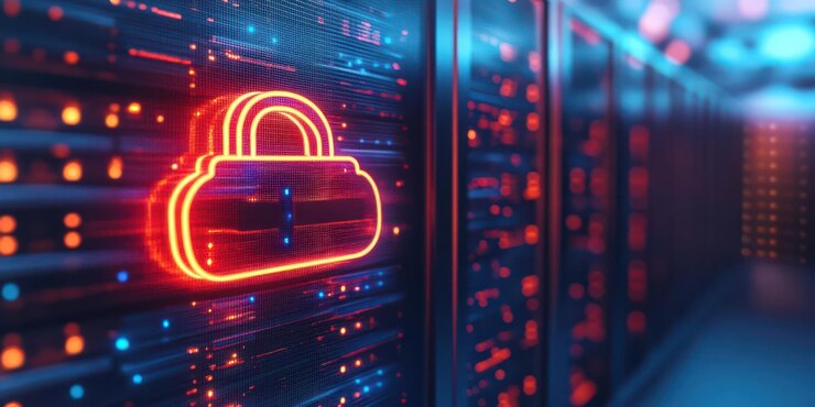 Neon padlock symbol on a server background representing cybersecurity and data protection