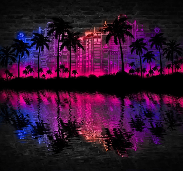 Neon palm tree, tropical leaves.