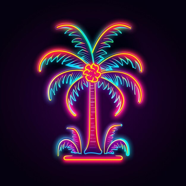 Photo neon palm tree with flowers and leaves on a black background generative ai