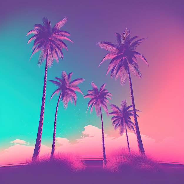Neon palm trees on a beach