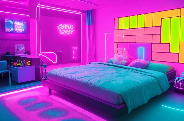 Neon Party Paradise Een futuristische slaapkamer met een feestelijke sfeer