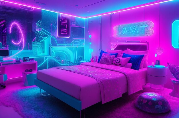 Neon party paradise a futuristic bedroom with a party vibe