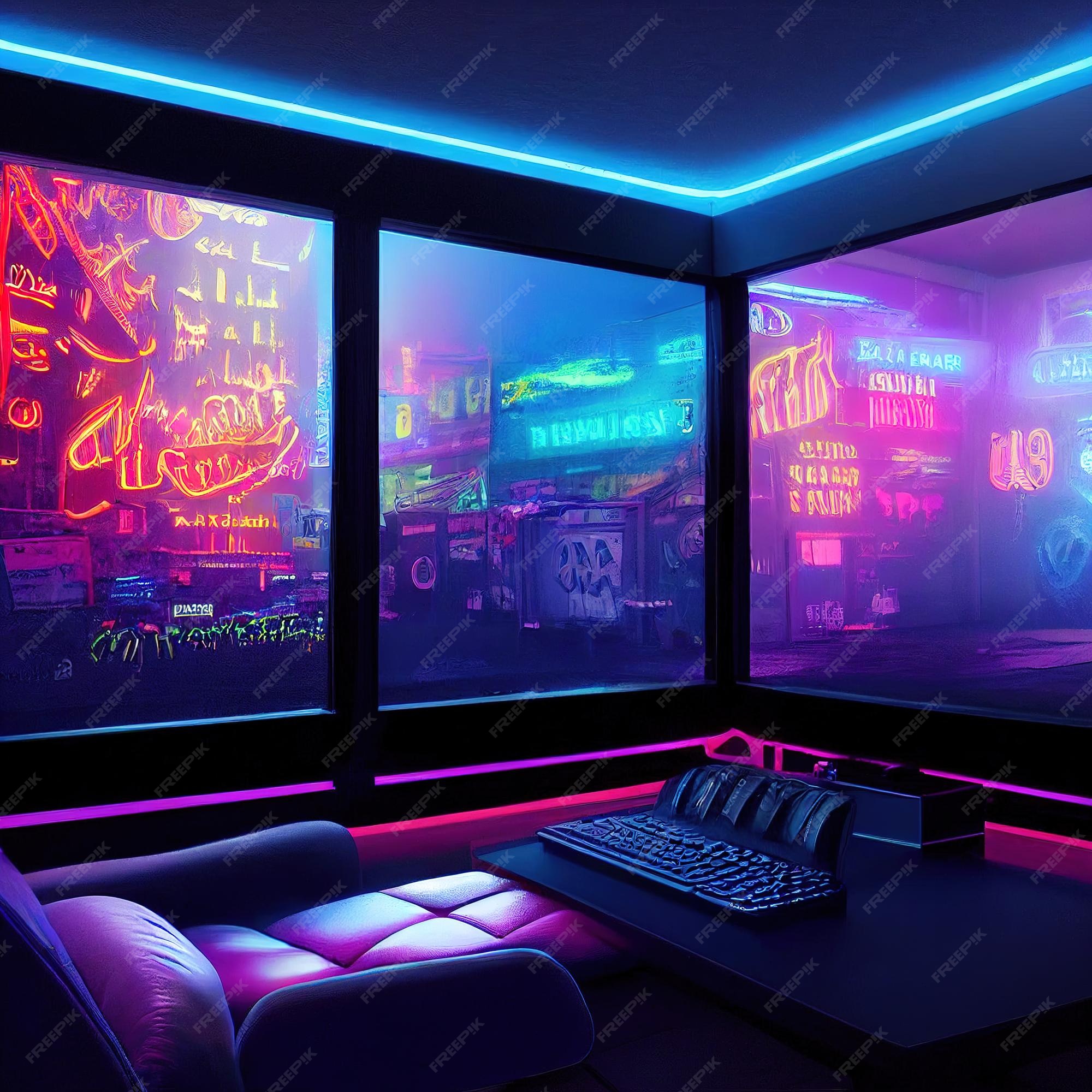 Gaming room with gaming pc and whol room colour is black and neon green