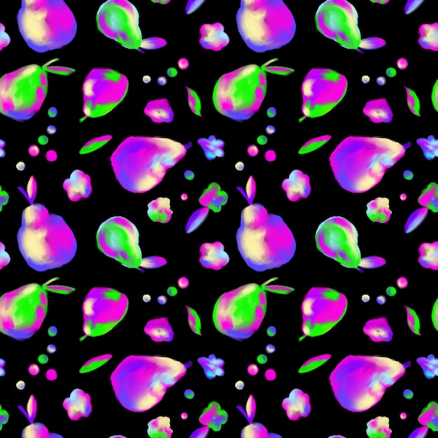 Photo neon pear on black seamless pattern holographic metaverse pear repeat print