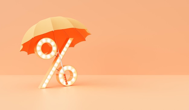 Неоновый процентный знак и зонтик на оранжевом фоне