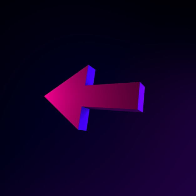 Foto neon pijlpictogram naar links. 3d-rendering ui ux interface-element. donker gloeiend symbool.