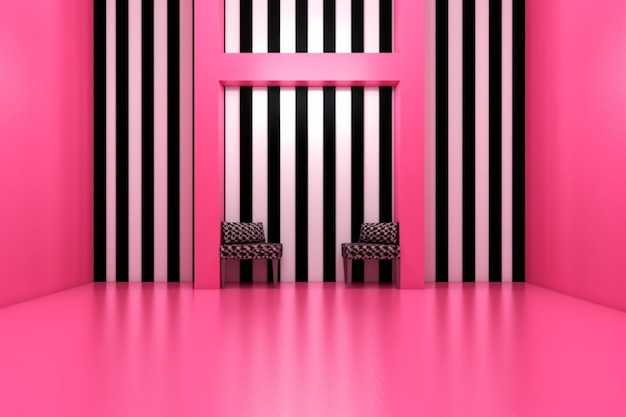 A neon pink backdrop with black and white stripes